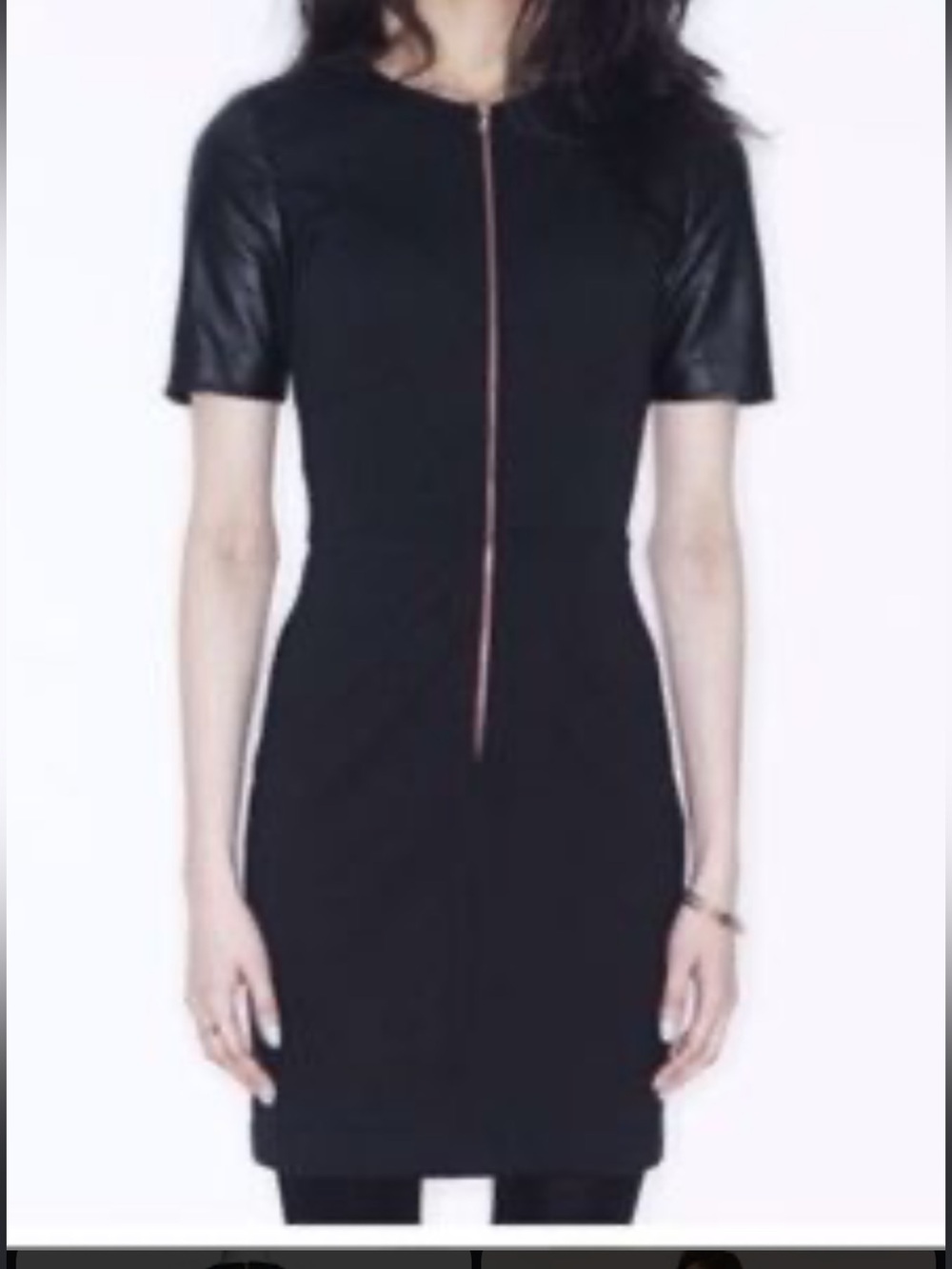 Hunter Dixon by Hunter Bell Dress w Leather Combo Sleeves and Rose Gold Zip